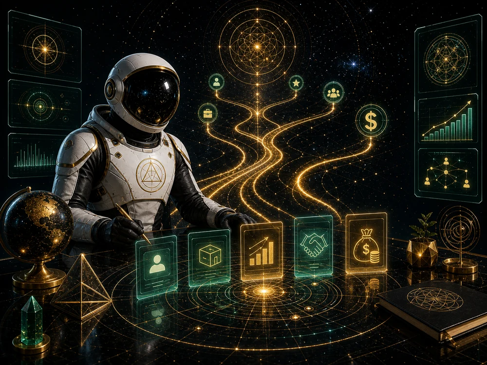 Astronaut in a white suit interacts with glowing holographic panels and cosmic data visualization in a futuristic workspace.