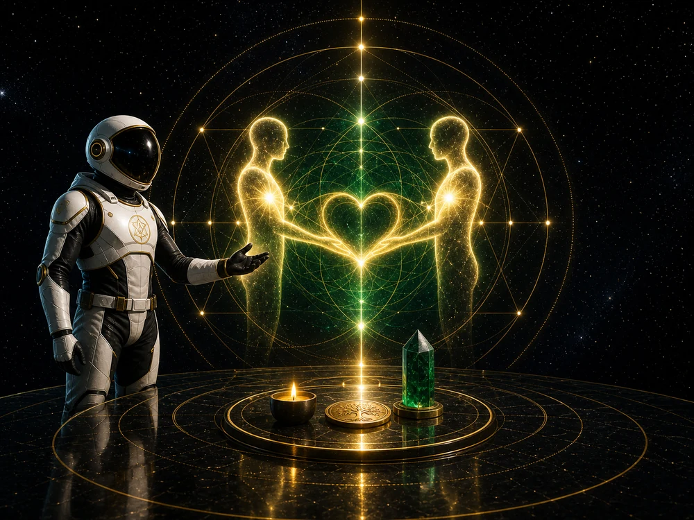 Astronaut standing beside a glowing, geometric display of two human figures forming a heart, with a ritual circle, candle, coins, and a green crystal on a spacey pedestal. Behind them: cosmic patterns of sacred geometry.