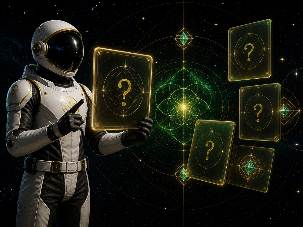 Astronaut in a white suit holds a glowing card with a question mark as orbiting holographic cards with more question marks surround a geometric starfield in space.