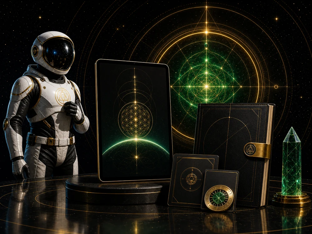 Astronaut in a white suit stands beside a tablet and black notebooks with gold geometric designs on a dark, space-themed display.