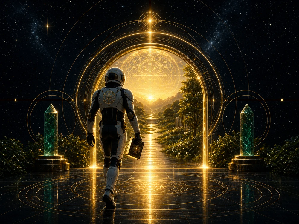 Astronaut walks toward a glowing golden portal over a reflective floor, opening to a sunlit landscape with trees and mountains beyond starry space.