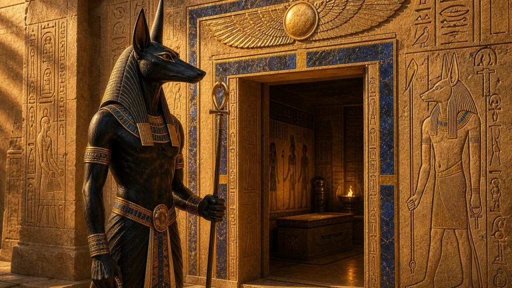 Black jackal-headed Anubis statue in gold and blue jewelry guards a decorated Egyptian temple doorway with hieroglyphs and blue inlays.