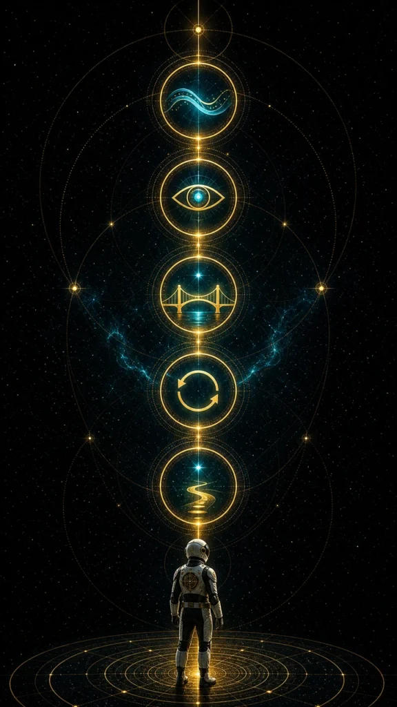 Astronaut in a spacesuit stands on a glowing circular platform, facing a vertical sequence of golden orbs with symbols (wave, eye, bridge, arrows, spiral) in space.