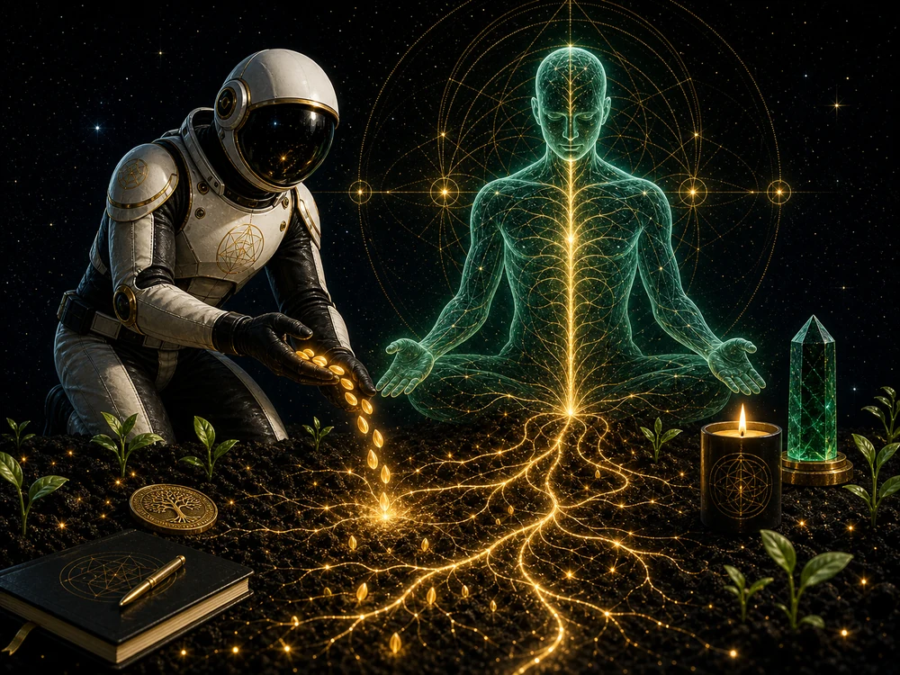 Astronaut pours gold coins into a glowing energy tree between a meditating translucent figure in space.