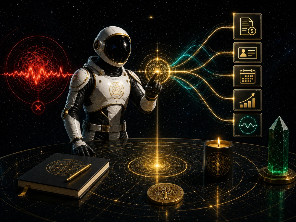 Astronaut in a white suit touches a glowing holographic interface above a starry desk, with notebook, candle, coin, and a green crystal nearby.