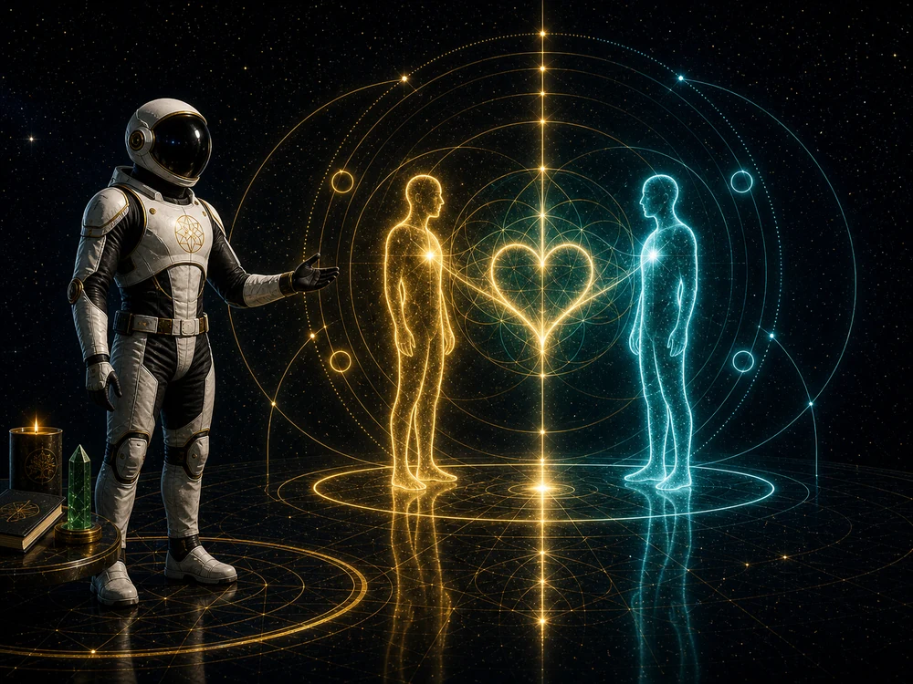 Astronaut in a space suit watches two glowing humanoids, gold on the left and blue on the right, with a radiant heart between them.