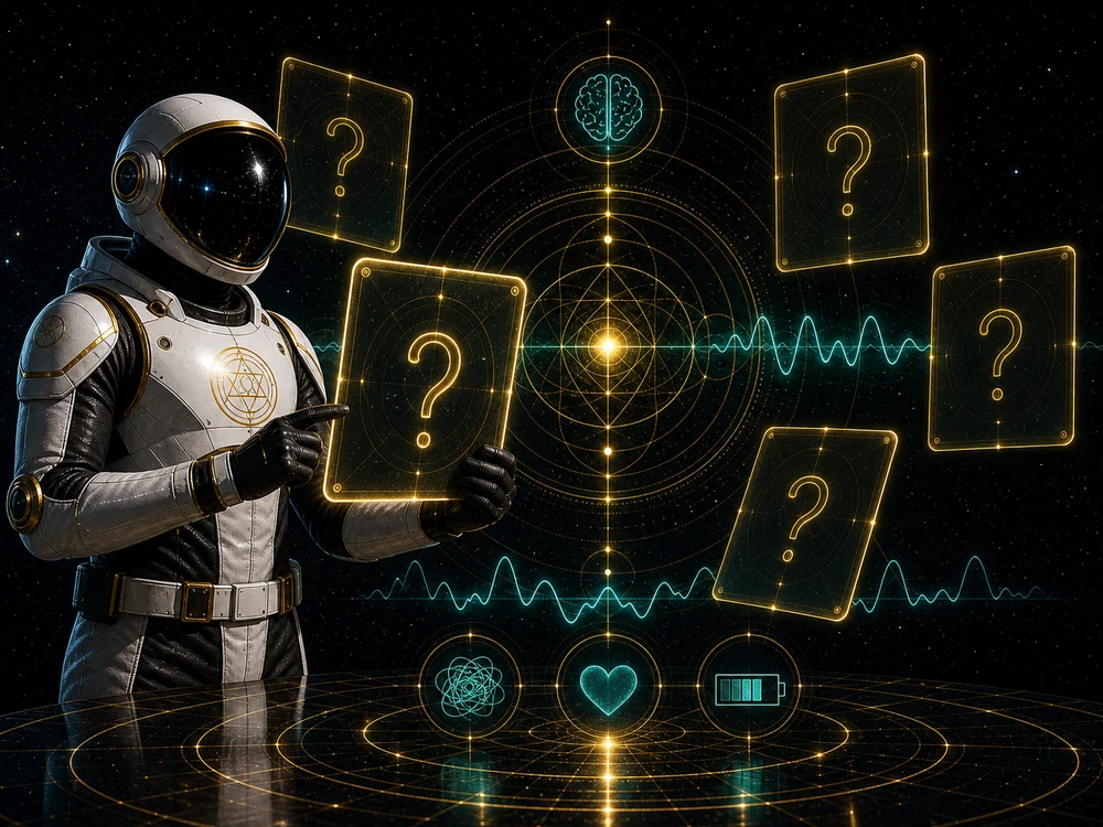 Astronaut in space points at glowing holographic question-mark cards in a starry background.