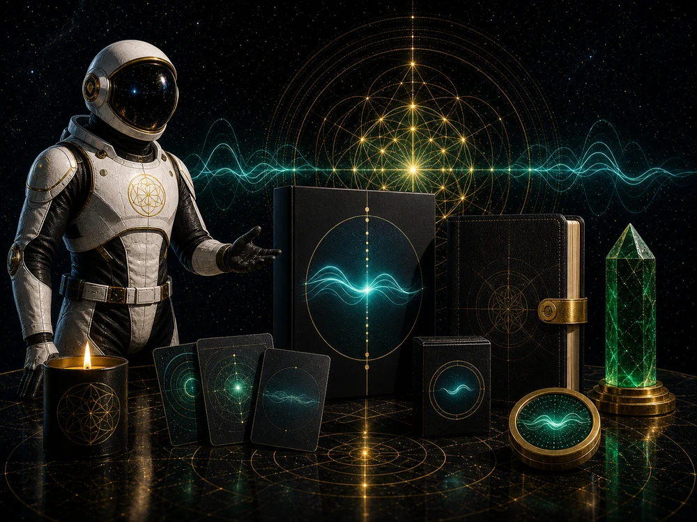 Astronaut in a silver suit stands beside mystical occult tools: cards, books, candle, and glowing crystal in space? backdrop of stars.