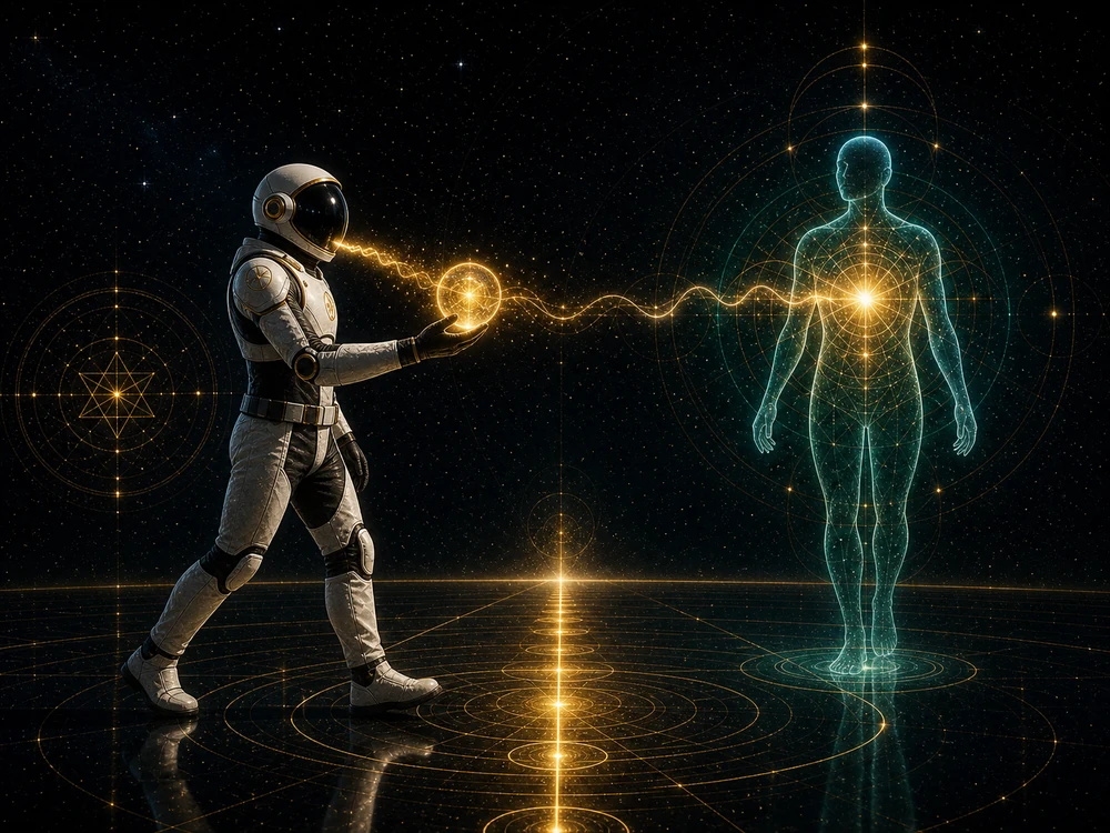 Astronaut in a spacesuit touches a glowing orb sending a golden energy beam to a translucent, illuminated human figure in a geometric, sci‑fi field.