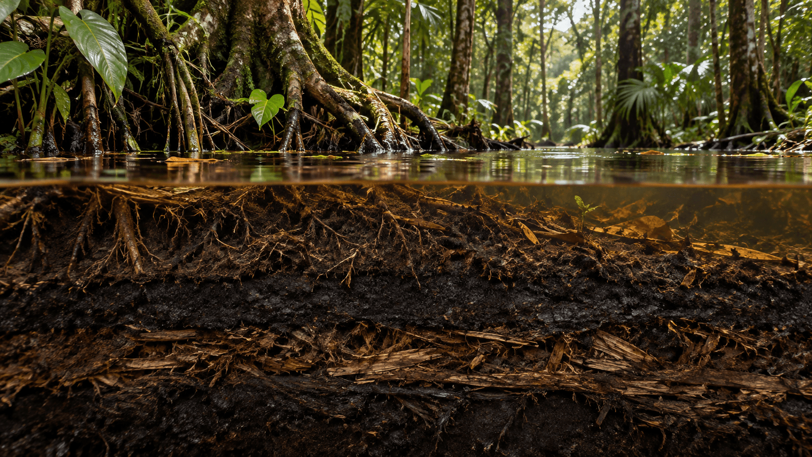 Cross-section of a waterlogged Congo swamp forest showing roots, dark peat layers, and partially decomposed plant material