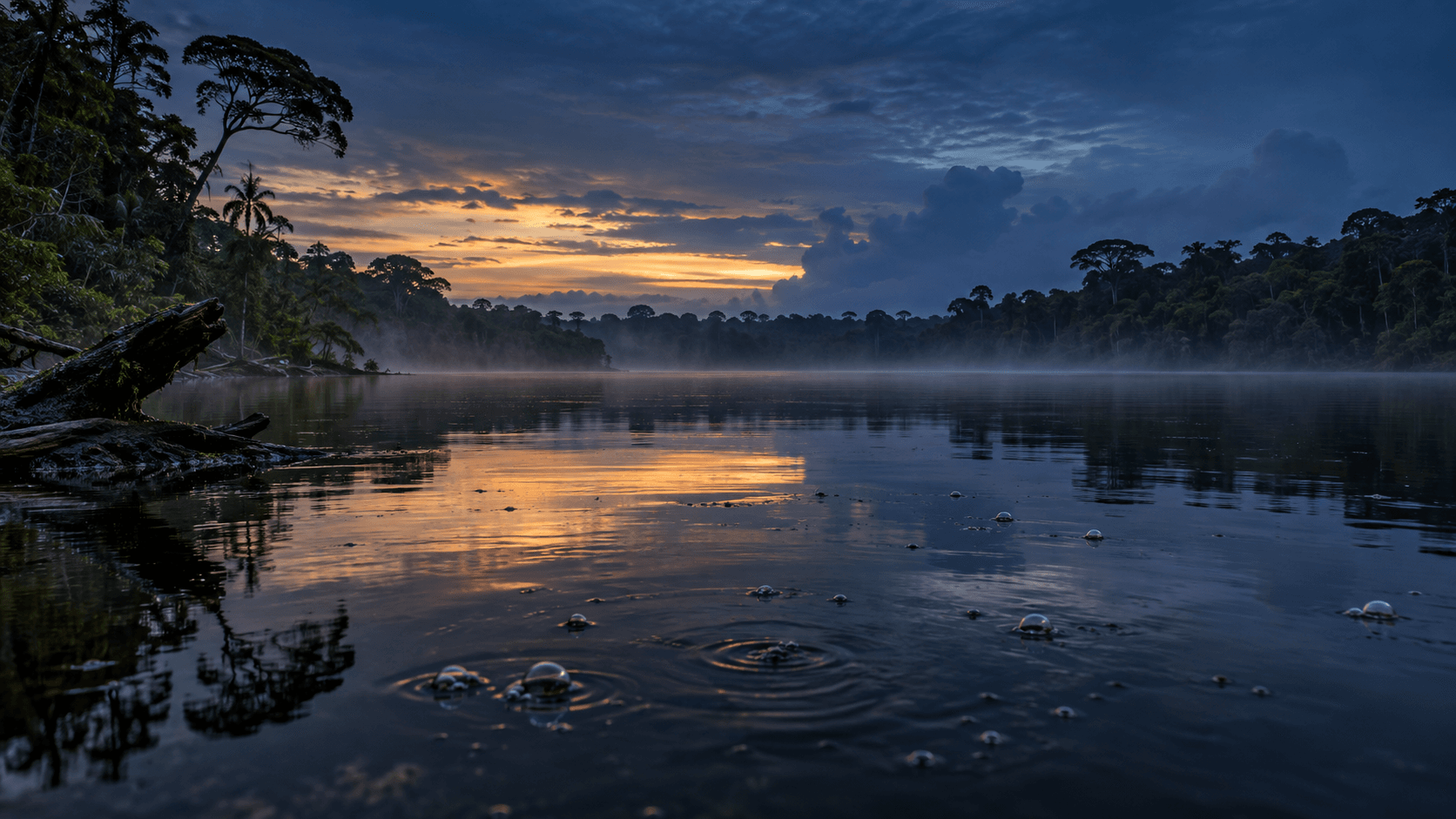 Dark humic water and subtle natural bubbles across Lake Mai Ndombe at blue hour