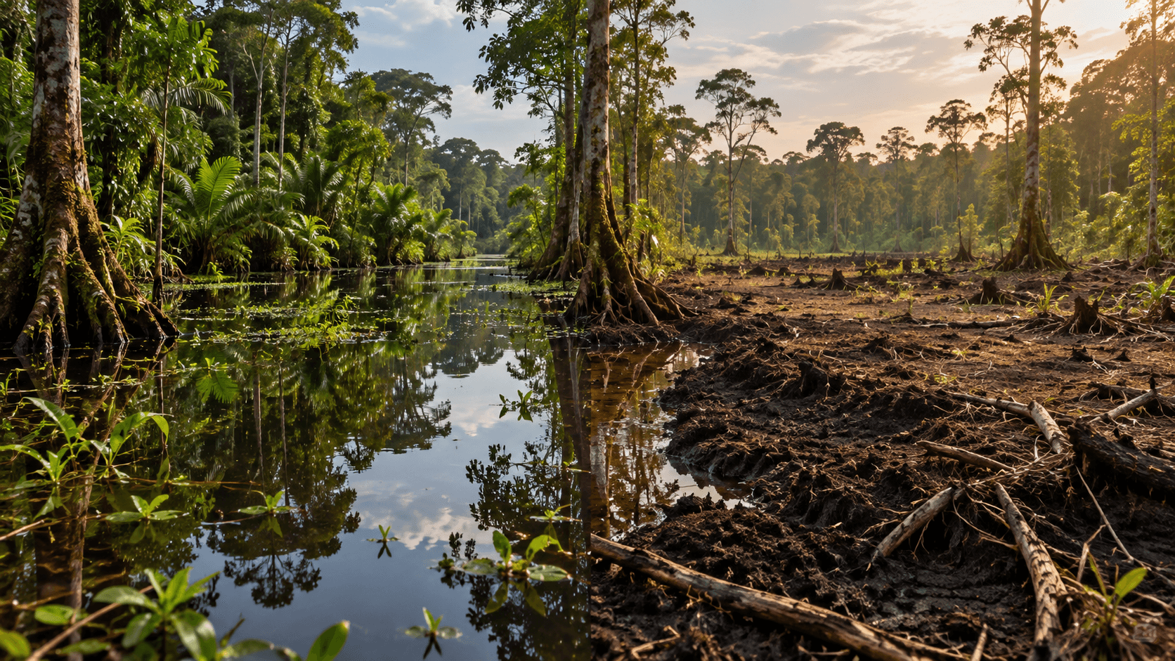Side-by-side wet and dry tropical peat swamp showing how a lower water table exposes dark peat