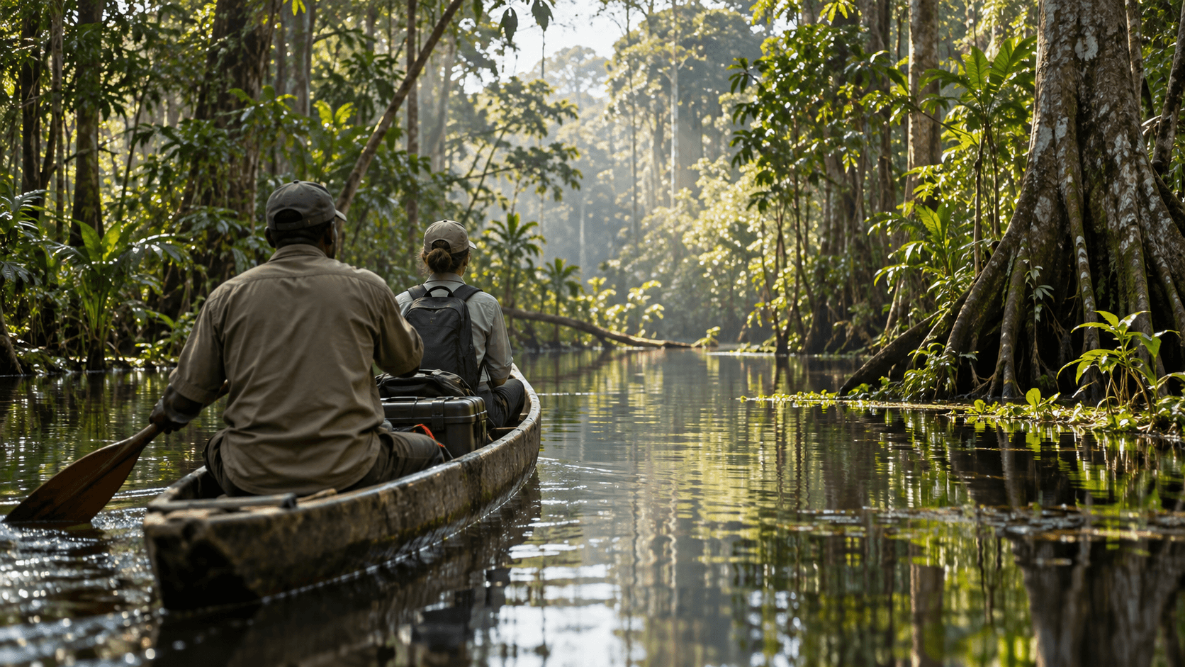 Community guide and field researcher traveling by canoe through a Congo Basin peatland waterway