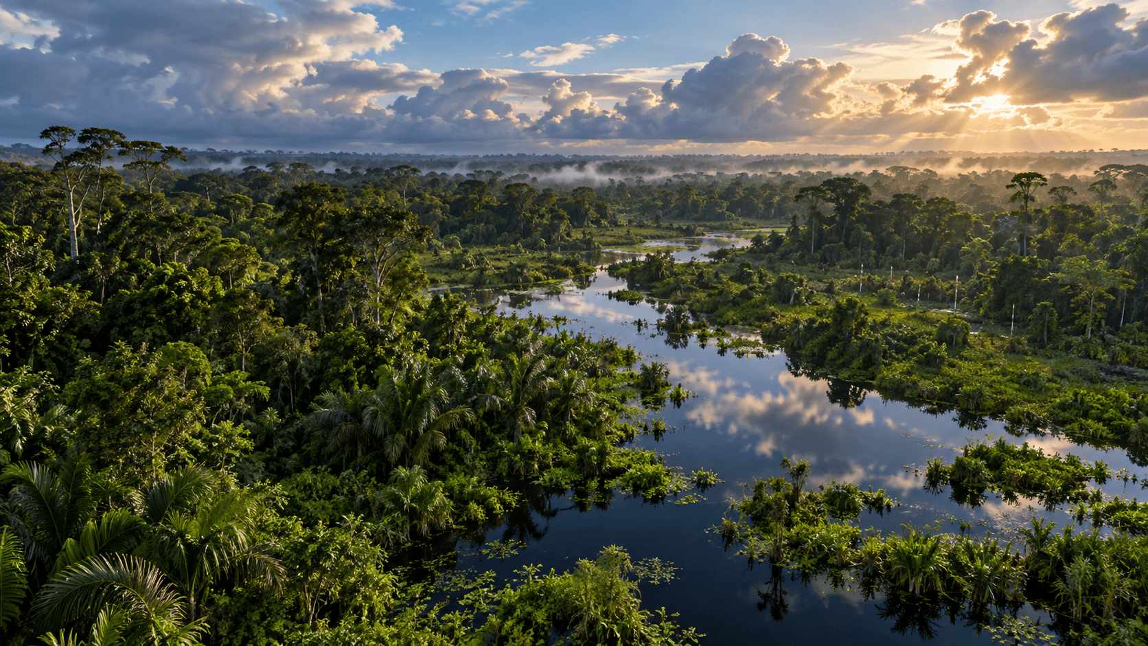 Wide intact Congo Basin peatland forest and blackwater channel beneath clearing clouds