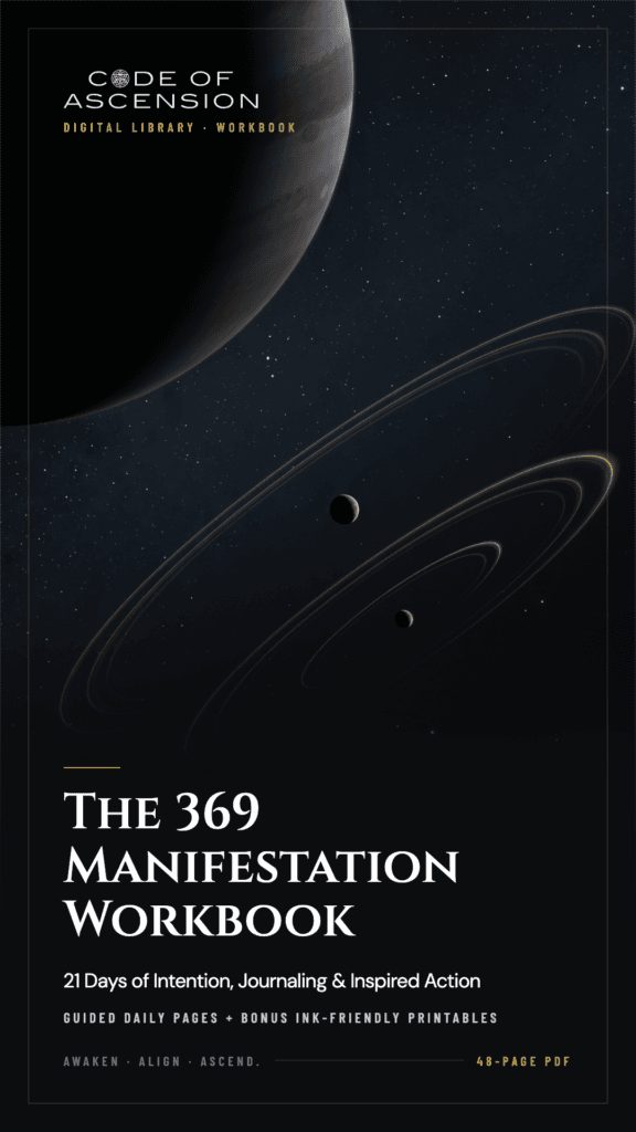 The 369 Manifestation Workbook cover with planets and gold orbital lines against deep space