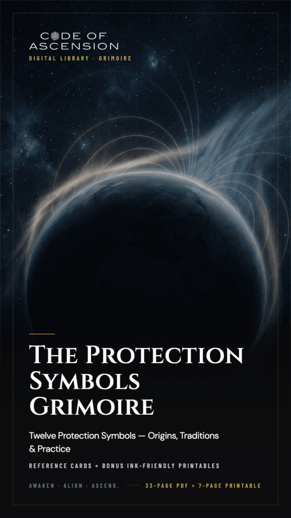 The Protection Symbols Grimoire cover with a dark planet, cosmic light and gold details