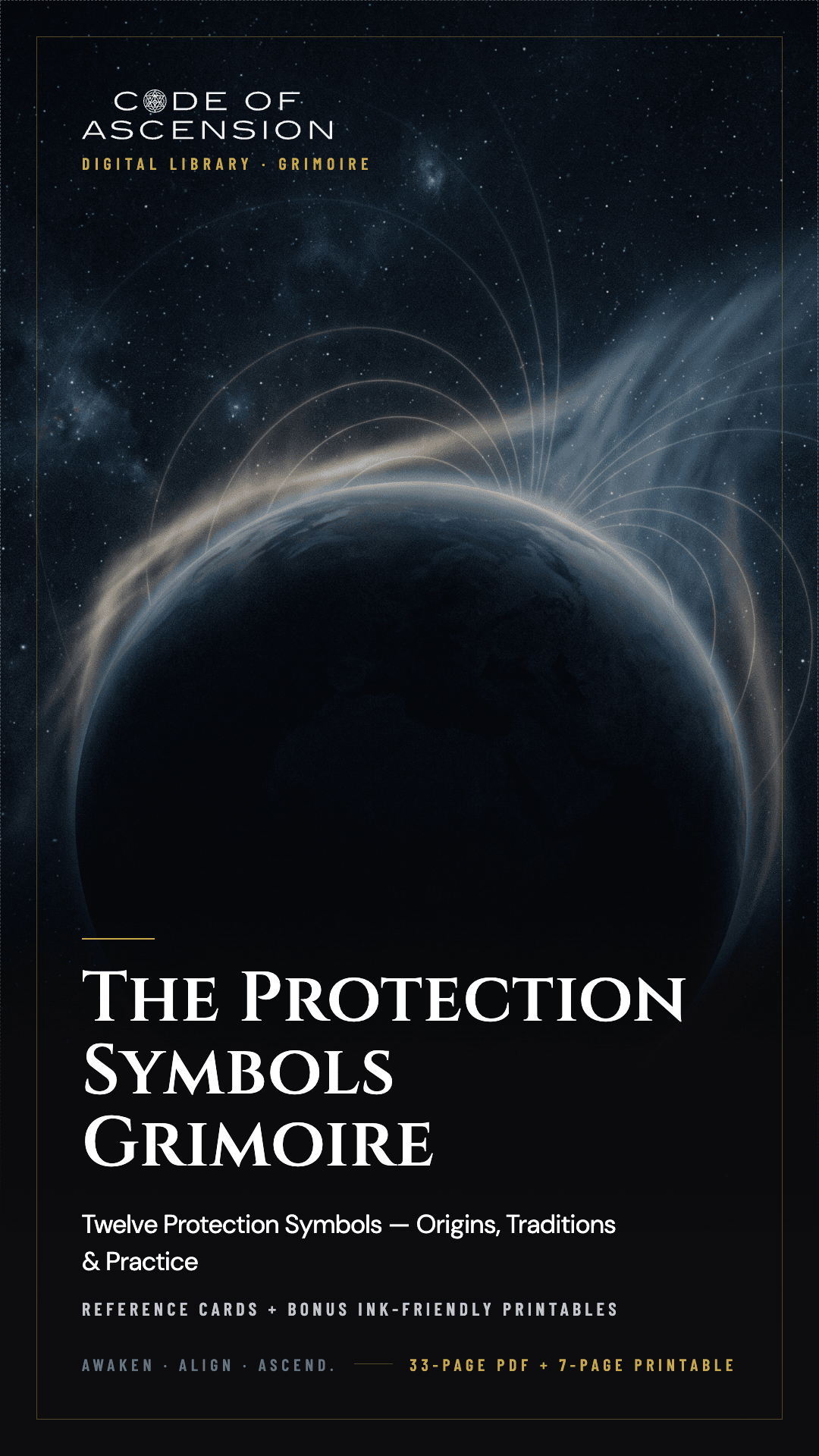 The Protection Symbols Grimoire cover with a dark planet, cosmic light and gold details