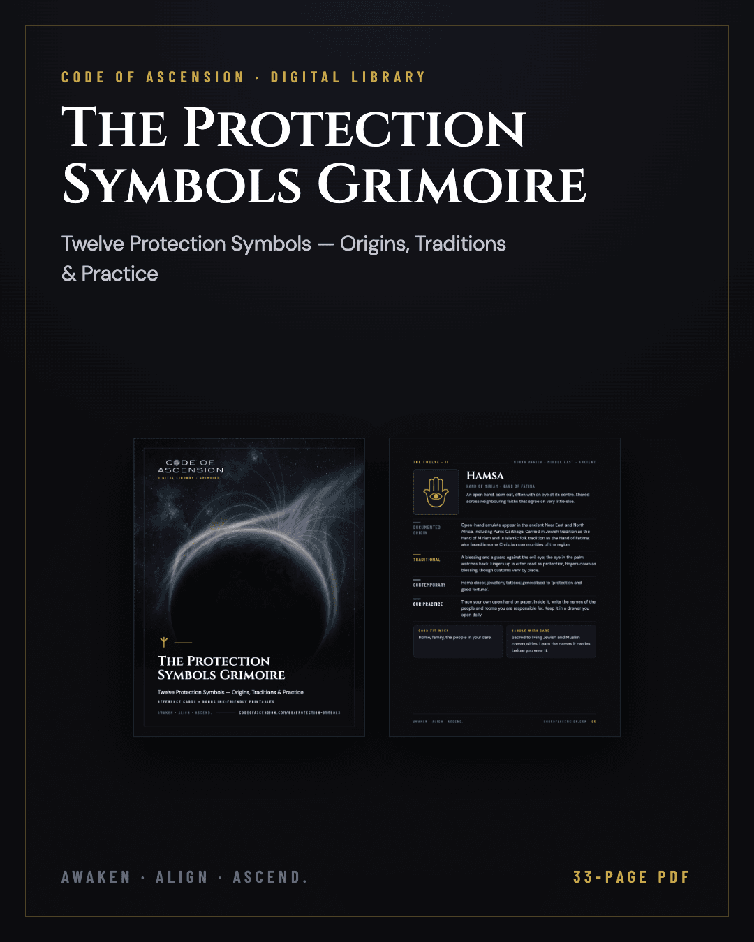 The Protection Symbols Grimoire cosmic cover and digital workbook preview