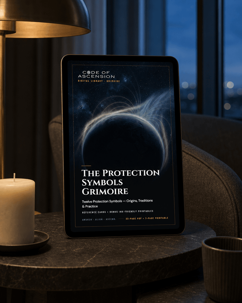 The Protection Symbols Grimoire displayed on a tablet in a warmly lit reading corner