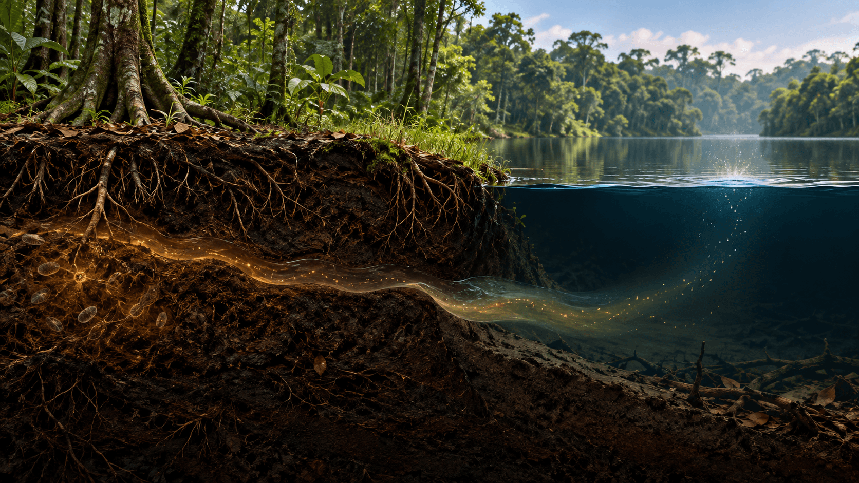 Scientific editorial visualization showing ancient peat carbon moving through subsurface water into a Congo Basin lake and then toward the atmosphere