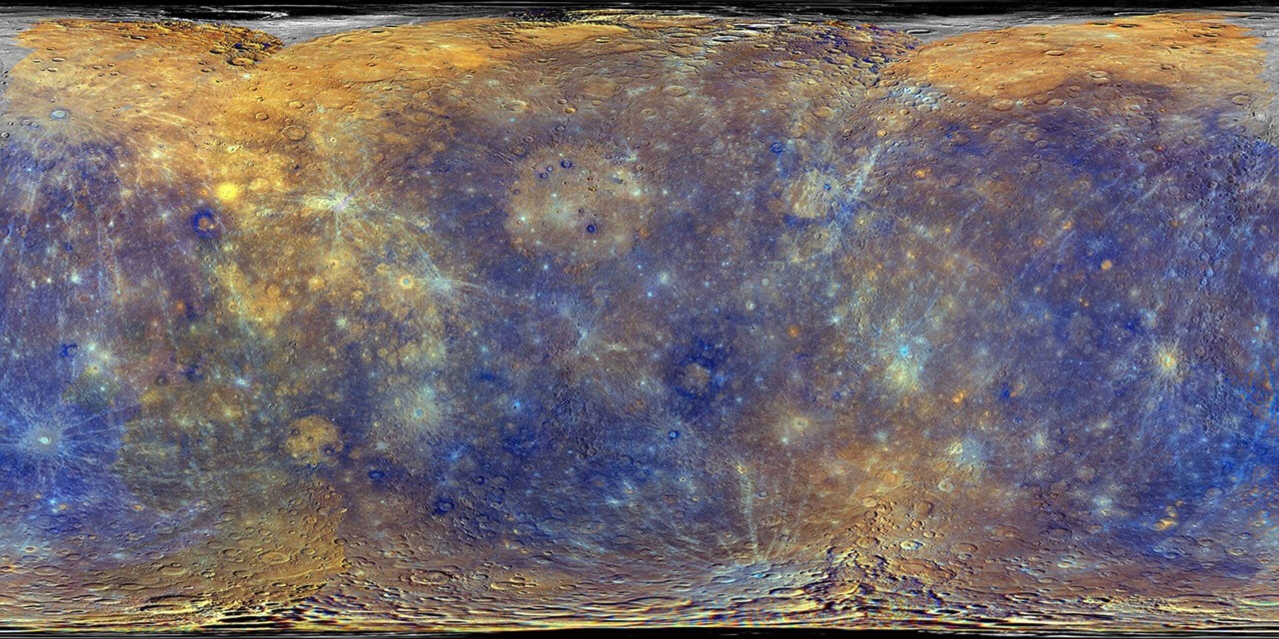 High-resolution enhanced-color MESSENGER map of Mercury showing cratered terrain and compositional differences