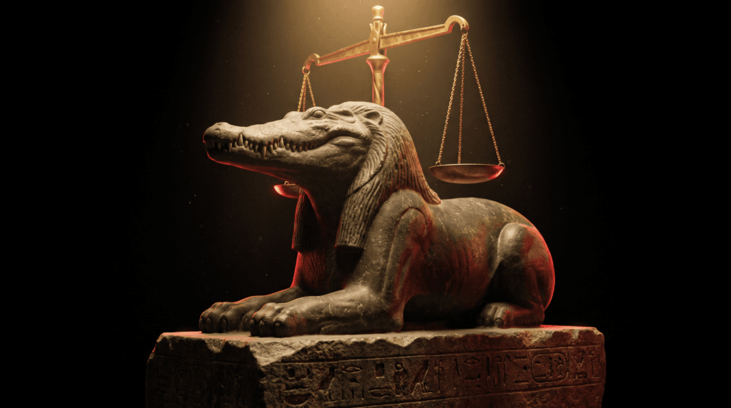 Ammit, the Devourer of the Dead: a stone statue with a crocodile head, lion forequarters and hippopotamus hindquarters beneath the scale