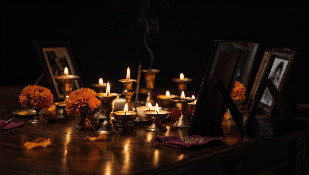 Ancestor altar with candles and marigolds for honoring deceased loved ones