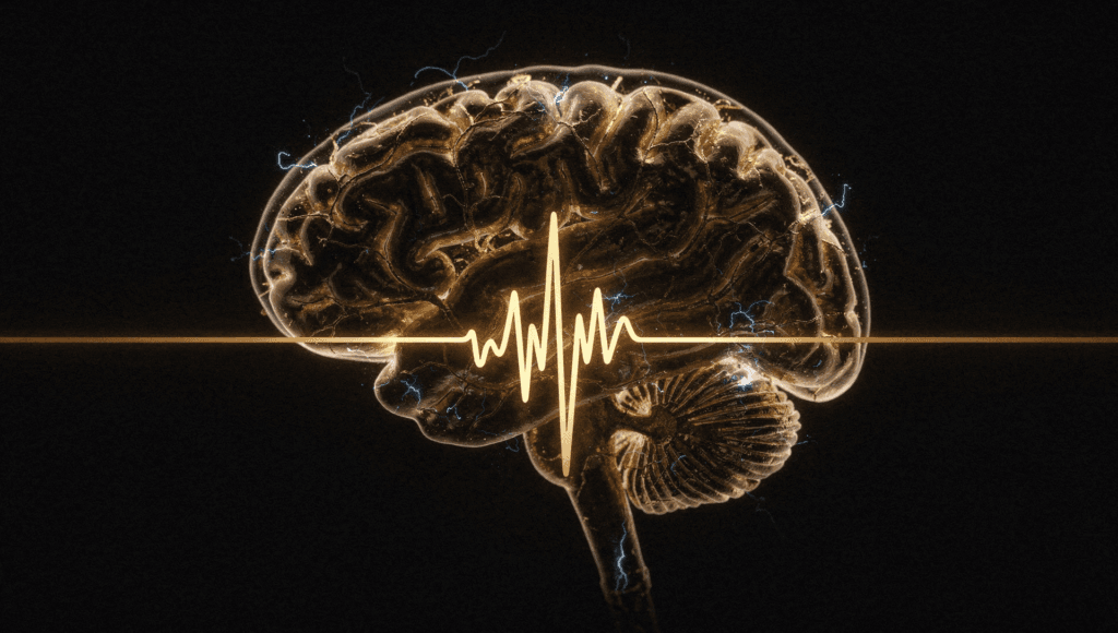 Brain activity at death: a glowing brain with a gold EEG line showing a sudden surge
