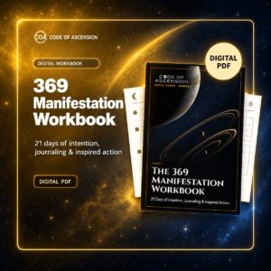 The 369 Manifestation Workbook digital PDF mockup with glowing gold cosmic artwork and sample worksheets