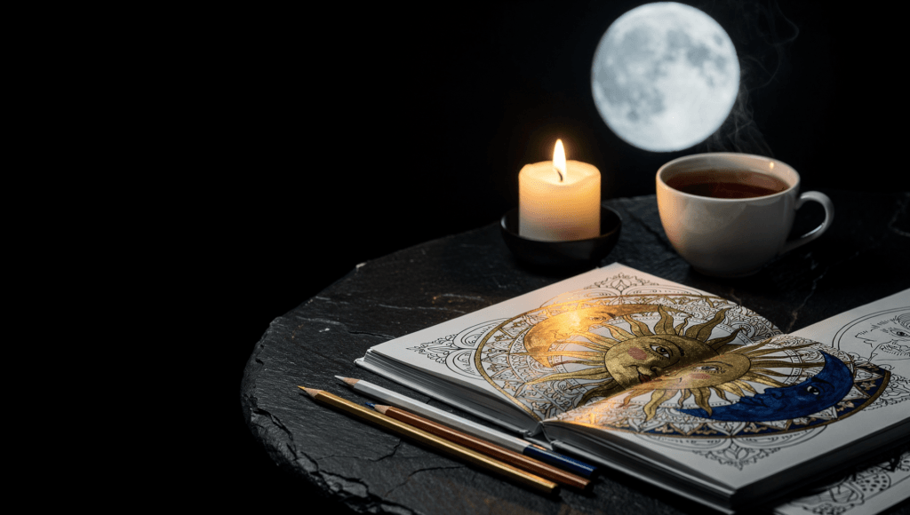 Sun and moon mandala book with pencils, candle and tea under the full moon