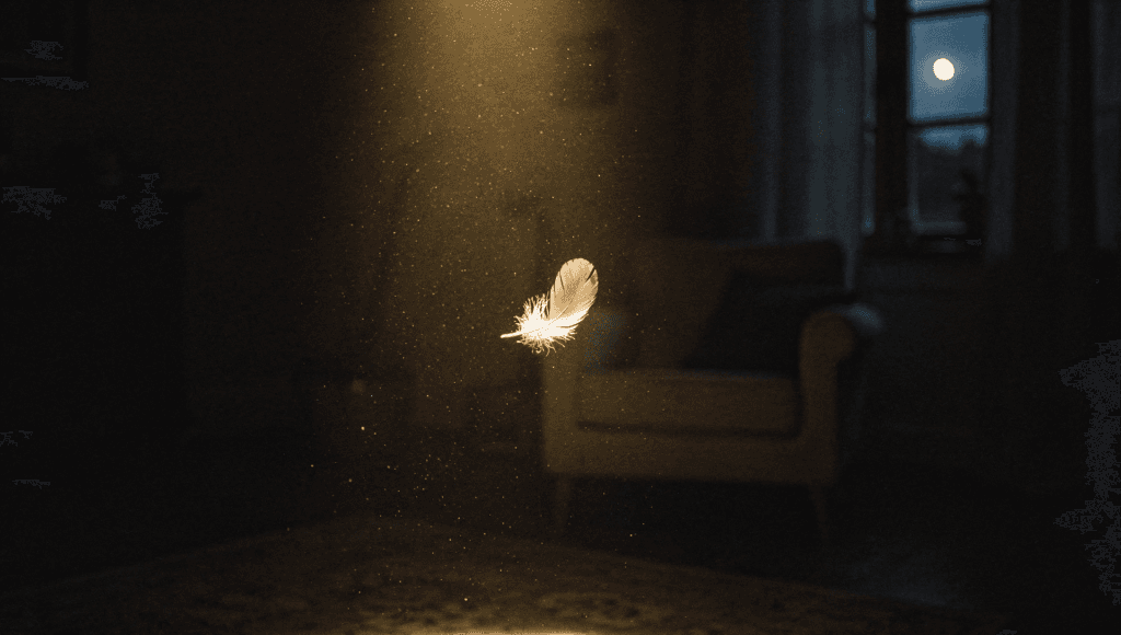 Can the dead communicate: a white feather drifting through a beam of light beside an empty armchair