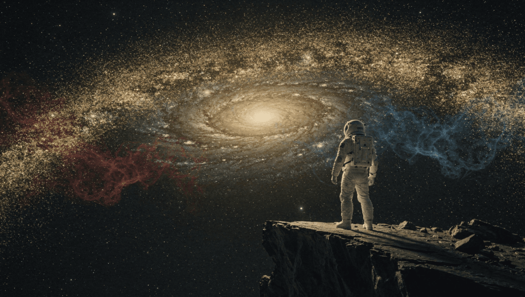 Consciousness after death: a helmeted astronaut on a dark ridge gazing at a golden galaxy