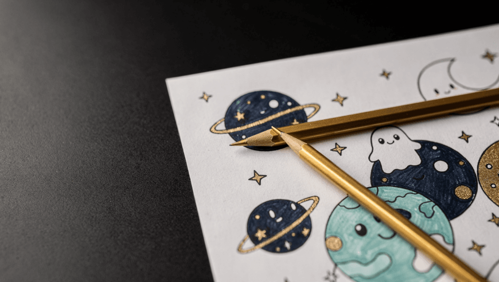 Cute space coloring page with planets, stars and a friendly ghost being colored in navy and gold with a gold pencil