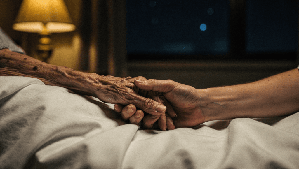 Deathbed visions: two hands held together on a hospice bed in warm lamplight