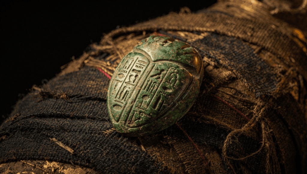 Egyptian heart scarab amulet carved with hieroglyphs resting on mummy linen