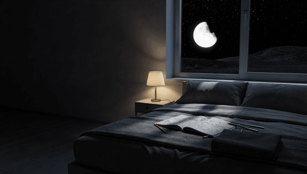 Book and pencils on a bed at night with aurora glowing through the window