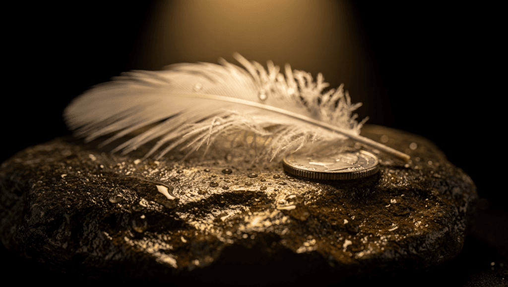 Feathers and dimes as signs from loved ones: a white feather and a dime on dark stone