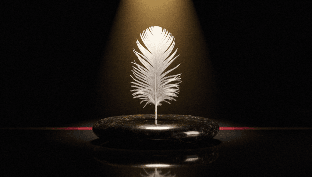 The feather of Maat, symbol of truth and balance, glowing in a beam of gold light