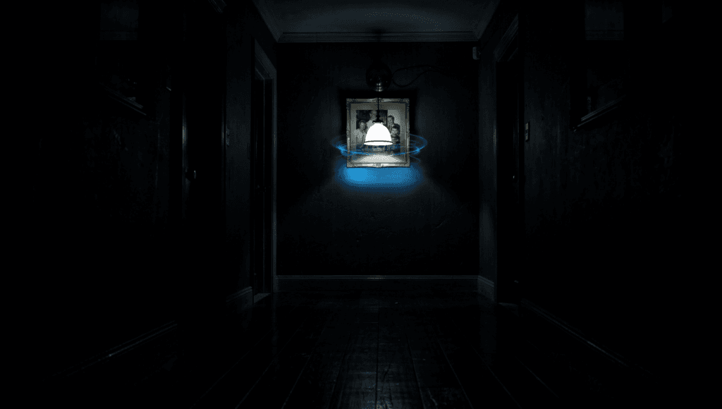 Flickering lights as a sign from spirit: a lamp flickering blue in a dark hallway