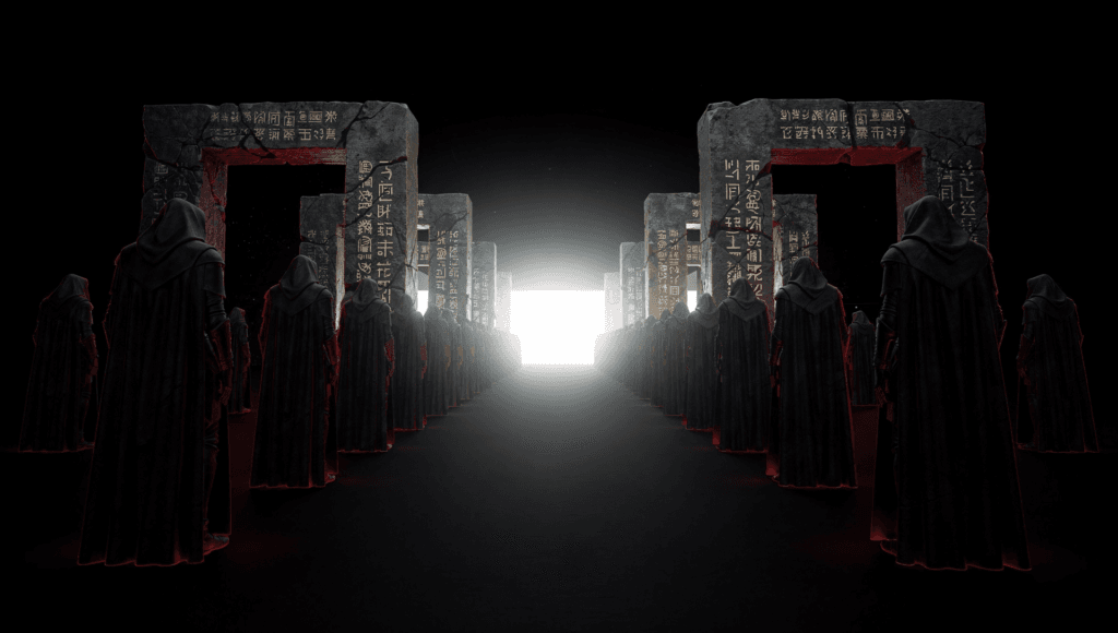 Gnostic ascent: ancient stone gateways in space guarded by hooded shadow figures leading toward a bright light