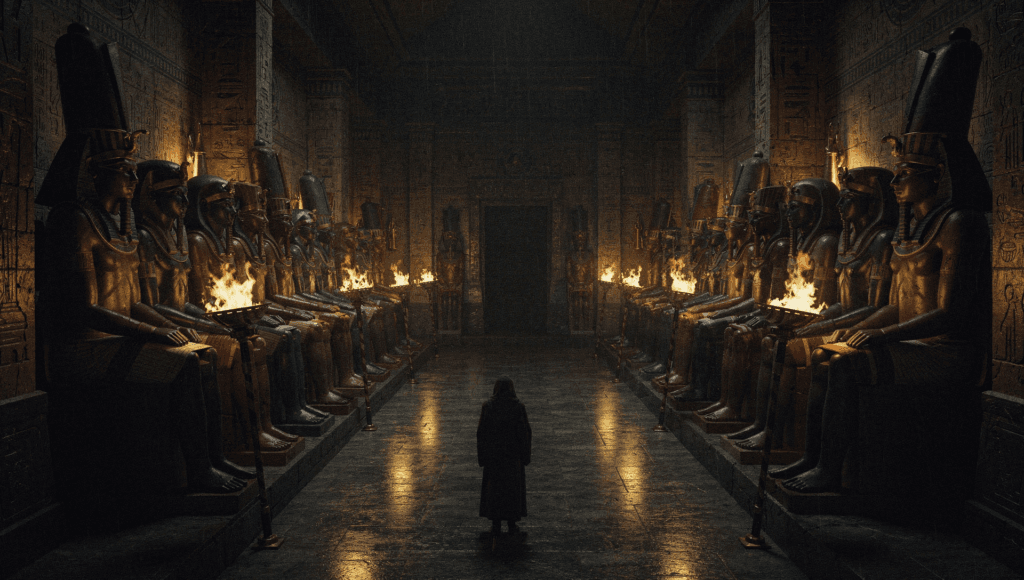 Hall of Two Truths: a lone figure facing rows of the 42 divine judges