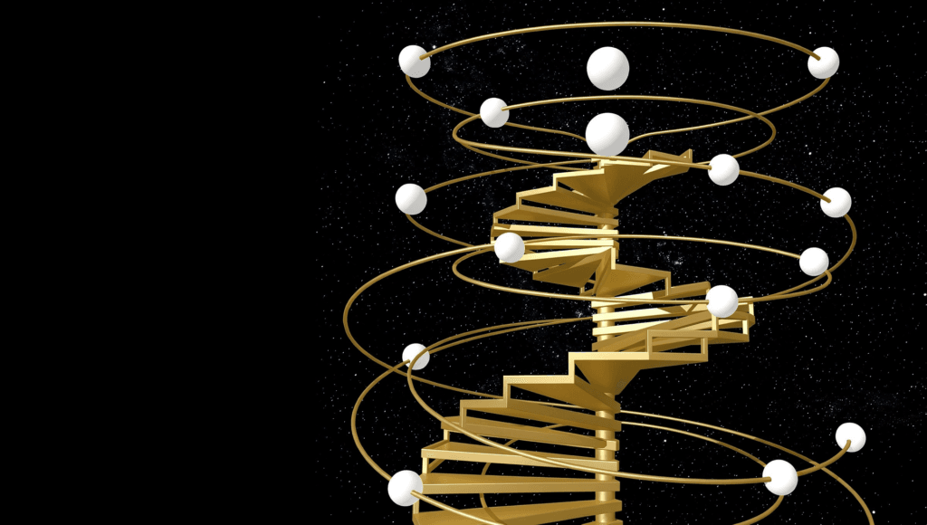 Hermetic ascent of the soul: a golden spiral staircase rising through seven planetary spheres against a starfield
