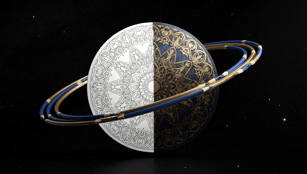 Mandala page floating in space like a planet with pencils orbiting it like a ring