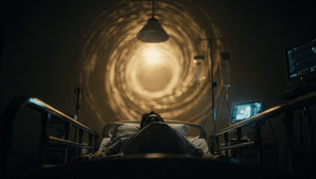 Near-death experience: a tunnel of golden light opening above a hospital bed