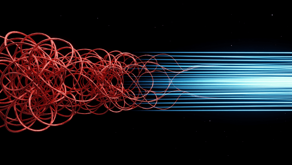 Signs your nervous system needs a break: a tangled knot of red threads unwinding into calm teal lines of light