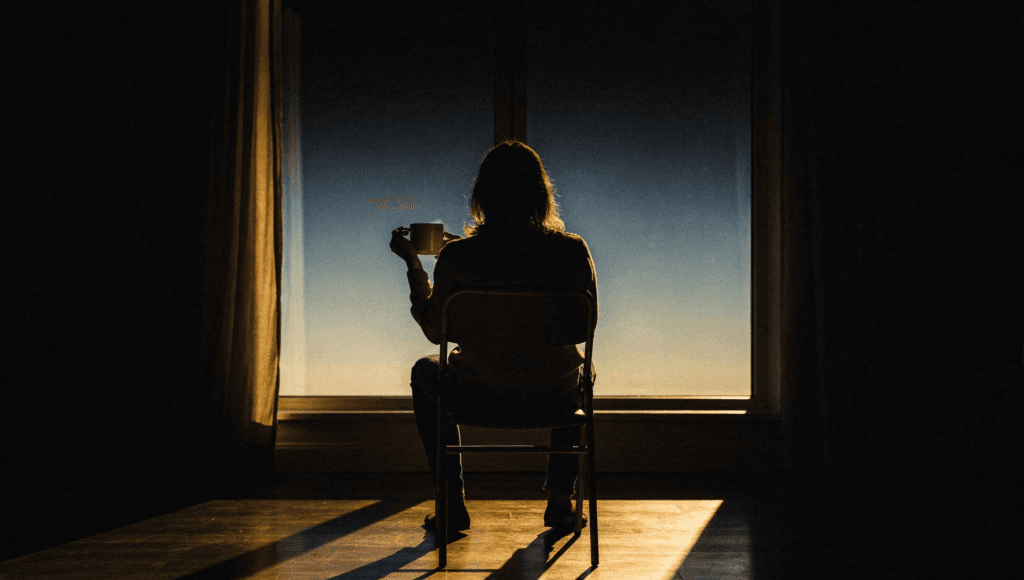 Feeling peace after a sign from a loved one: a person sitting by a window at golden dawn