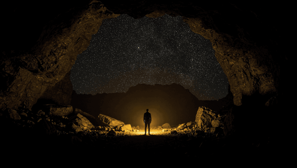Plato allegory of the cave as spiritual ascension: a figure at a cave mouth opening onto a galaxy-filled sky