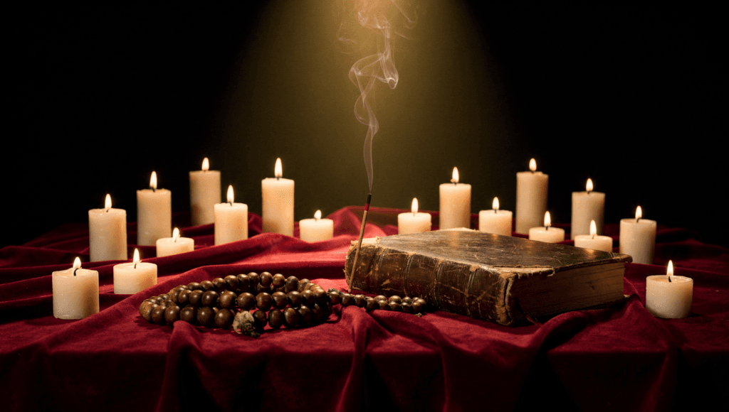 Religious views on life after death: candles, prayer beads and an old book on a crimson altar