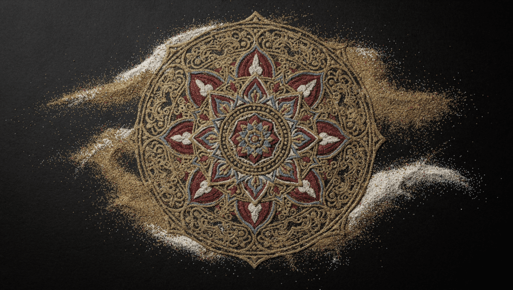 Coloring as a spiritual practice: a colorful sand mandala dissolving into a spiral galaxy