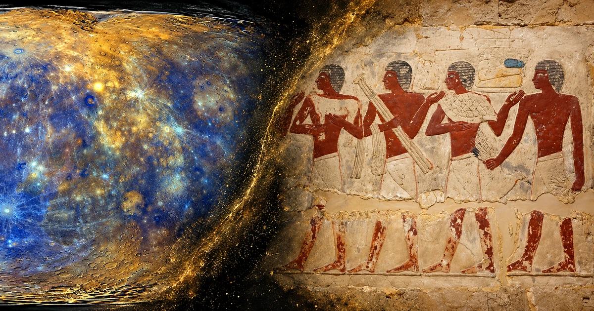 Editorial composite pairing Mercury with a painted relief from ancient Egypt